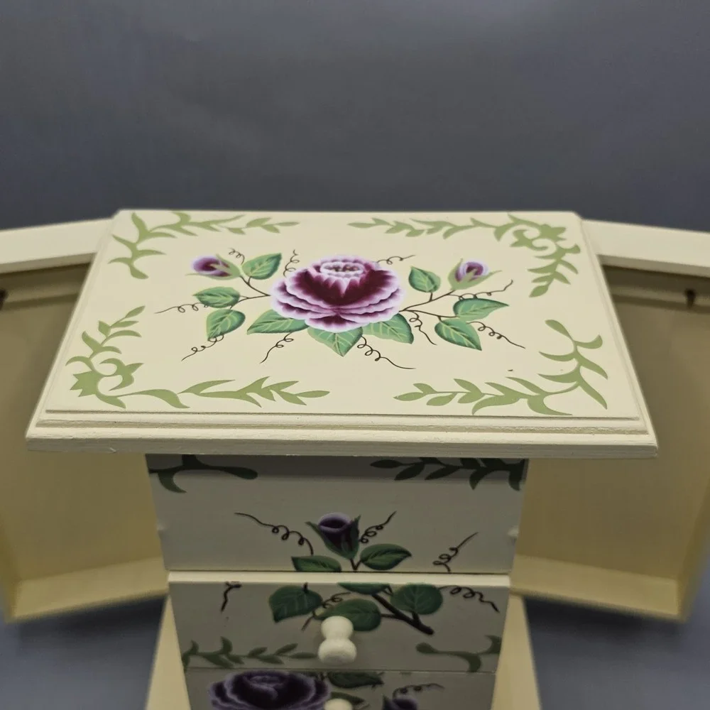 Vintage Wooden Jewelry Music Box Ballerina Cottagecore Grannycore Floral Chic